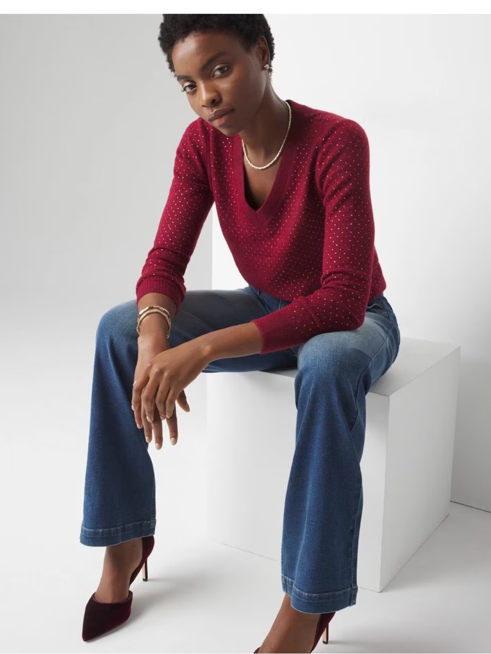 WHBM Embellished V-Neck Wool Blend Sweater Women’s SZ Large in Burgundy